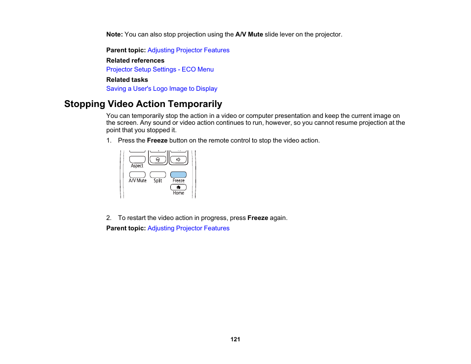 Stopping video action temporarily | Epson PowerLite 1288 4000-Lumen Full HD 3LCD Projector with Wi-Fi User Manual | Page 121 / 234