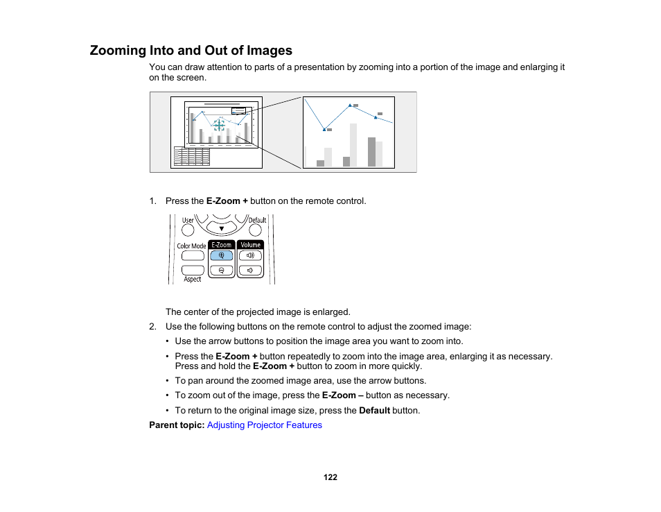 Zooming into and out of images | Epson PowerLite 1288 4000-Lumen Full HD 3LCD Projector with Wi-Fi User Manual | Page 122 / 234