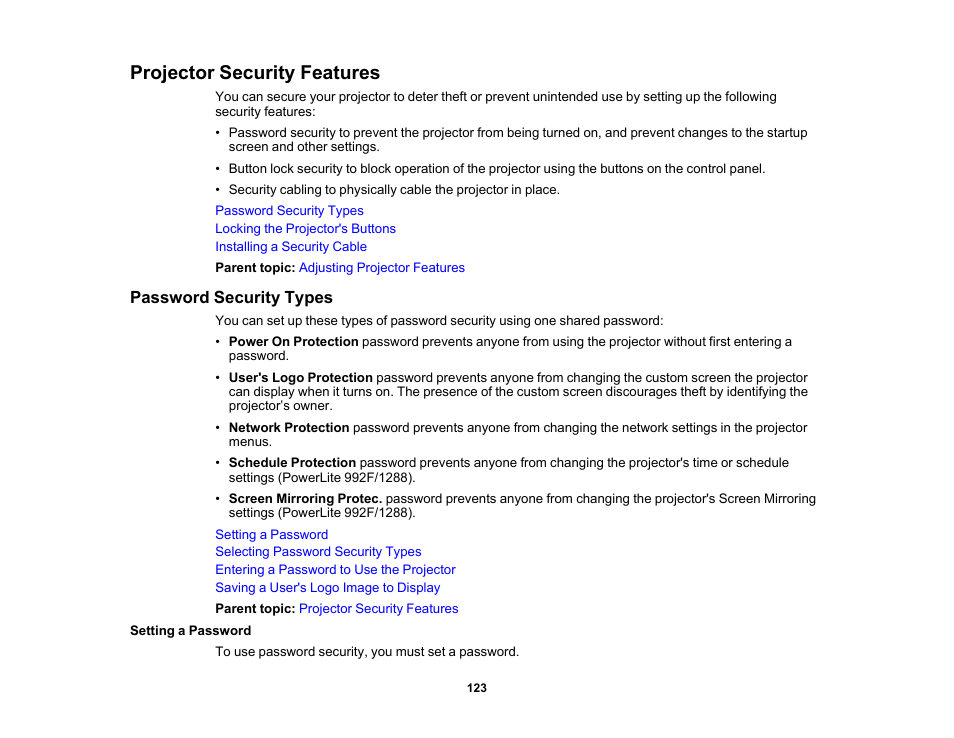 Projector security features, Password security types, Setting a password | Epson PowerLite 1288 4000-Lumen Full HD 3LCD Projector with Wi-Fi User Manual | Page 123 / 234