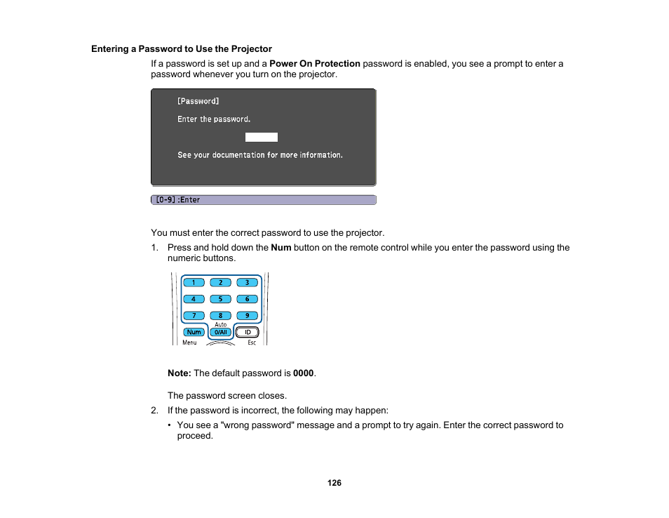 Entering a password to use the projector | Epson PowerLite 1288 4000-Lumen Full HD 3LCD Projector with Wi-Fi User Manual | Page 126 / 234