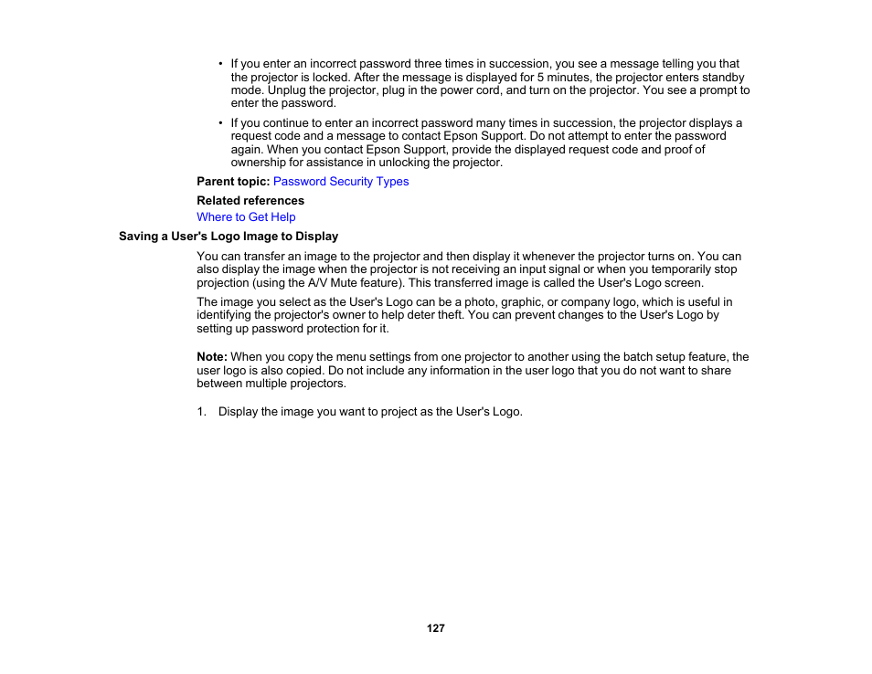 Saving a user's logo image to display | Epson PowerLite 1288 4000-Lumen Full HD 3LCD Projector with Wi-Fi User Manual | Page 127 / 234
