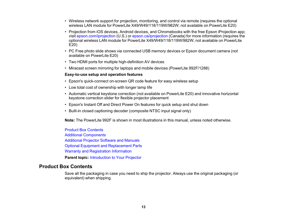 Product box contents | Epson PowerLite 1288 4000-Lumen Full HD 3LCD Projector with Wi-Fi User Manual | Page 13 / 234