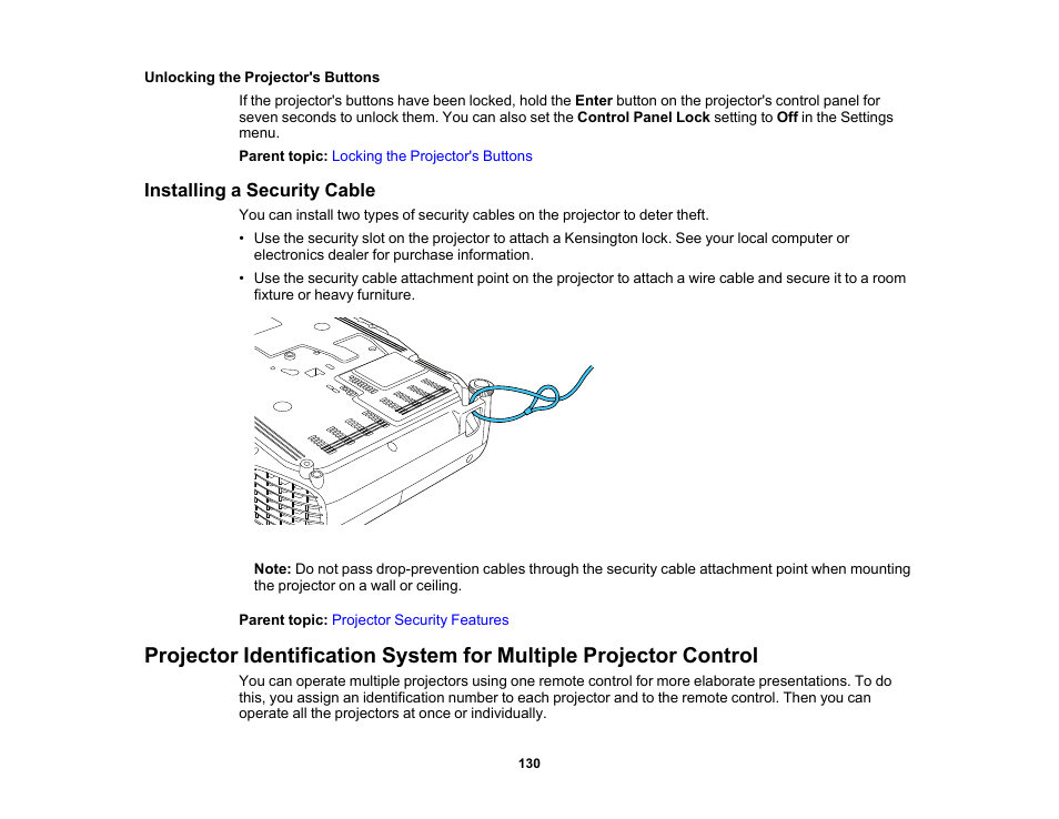 Unlocking the projector's buttons, Installing a security cable | Epson PowerLite 1288 4000-Lumen Full HD 3LCD Projector with Wi-Fi User Manual | Page 130 / 234