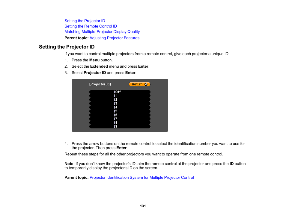 Setting the projector id | Epson PowerLite 1288 4000-Lumen Full HD 3LCD Projector with Wi-Fi User Manual | Page 131 / 234