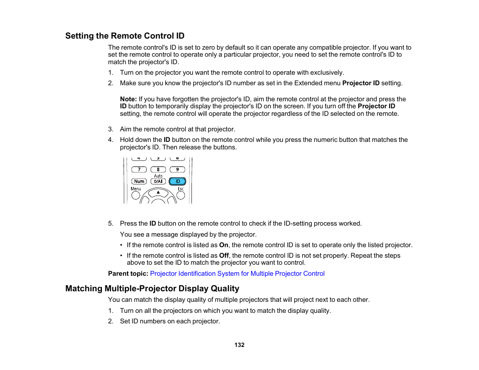 Setting the remote control id, Matching multiple-projector display quality | Epson PowerLite 1288 4000-Lumen Full HD 3LCD Projector with Wi-Fi User Manual | Page 132 / 234