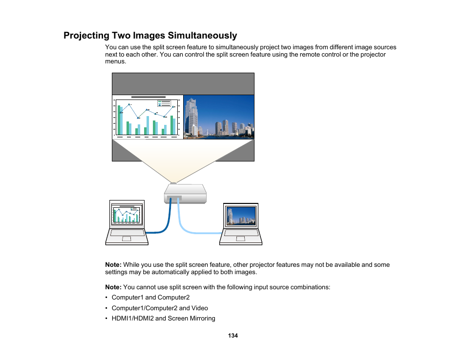Projecting two images simultaneously | Epson PowerLite 1288 4000-Lumen Full HD 3LCD Projector with Wi-Fi User Manual | Page 134 / 234