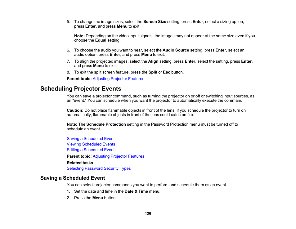 Scheduling projector events, Saving a scheduled event | Epson PowerLite 1288 4000-Lumen Full HD 3LCD Projector with Wi-Fi User Manual | Page 136 / 234