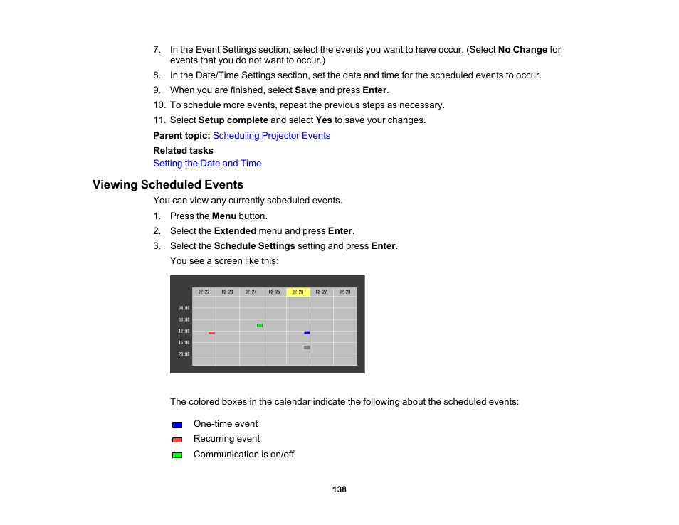 Viewing scheduled events | Epson PowerLite 1288 4000-Lumen Full HD 3LCD Projector with Wi-Fi User Manual | Page 138 / 234