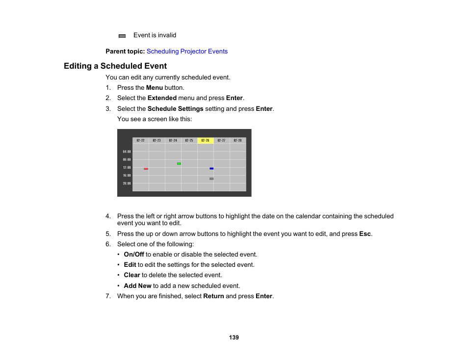 Editing a scheduled event | Epson PowerLite 1288 4000-Lumen Full HD 3LCD Projector with Wi-Fi User Manual | Page 139 / 234