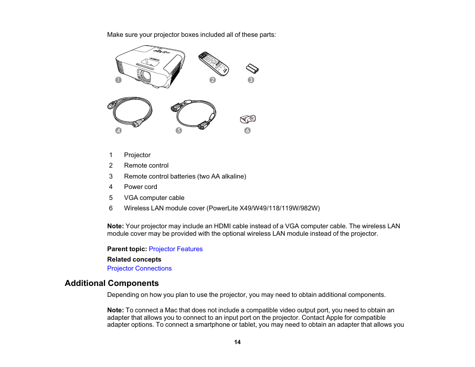 Additional components | Epson PowerLite 1288 4000-Lumen Full HD 3LCD Projector with Wi-Fi User Manual | Page 14 / 234