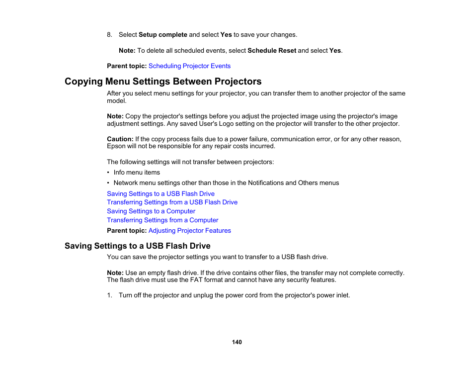 Copying menu settings between projectors, Saving settings to a usb flash drive | Epson PowerLite 1288 4000-Lumen Full HD 3LCD Projector with Wi-Fi User Manual | Page 140 / 234