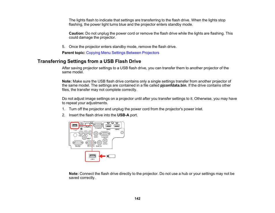 Transferring settings from a usb flash drive | Epson PowerLite 1288 4000-Lumen Full HD 3LCD Projector with Wi-Fi User Manual | Page 142 / 234