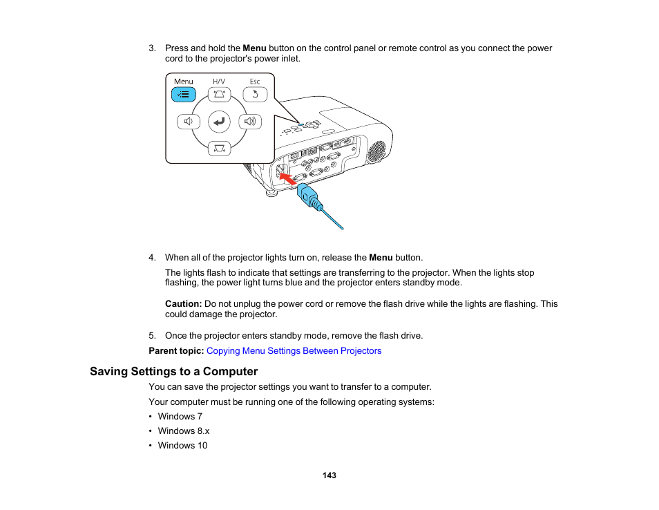 Saving settings to a computer | Epson PowerLite 1288 4000-Lumen Full HD 3LCD Projector with Wi-Fi User Manual | Page 143 / 234