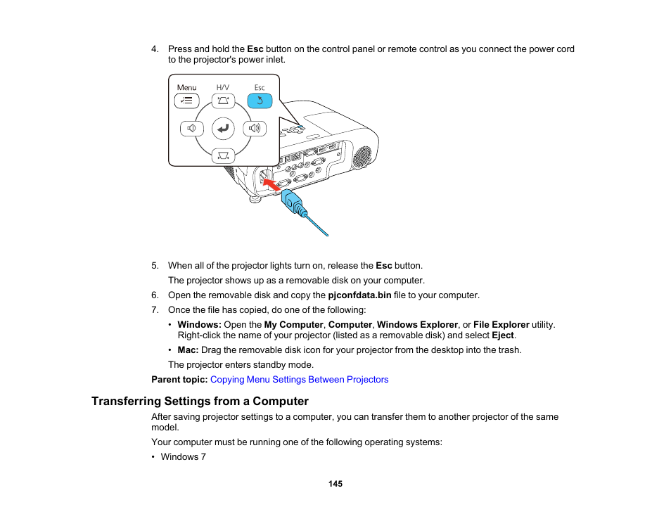 Transferring settings from a computer | Epson PowerLite 1288 4000-Lumen Full HD 3LCD Projector with Wi-Fi User Manual | Page 145 / 234