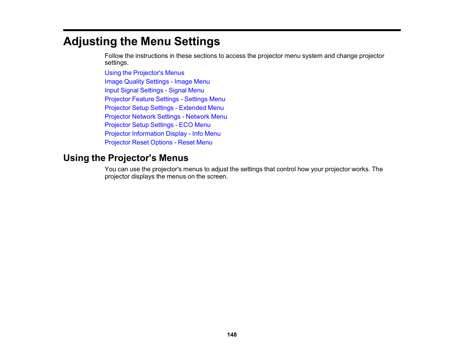 Adjusting the menu settings, Using the projector's menus | Epson PowerLite 1288 4000-Lumen Full HD 3LCD Projector with Wi-Fi User Manual | Page 148 / 234