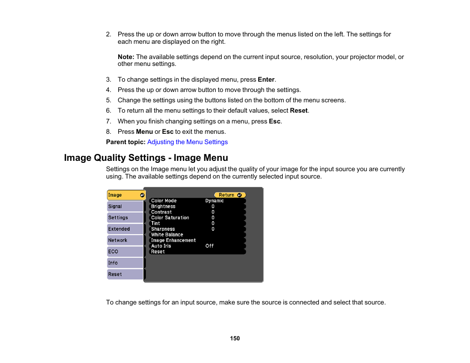 Image quality settings - image menu | Epson PowerLite 1288 4000-Lumen Full HD 3LCD Projector with Wi-Fi User Manual | Page 150 / 234