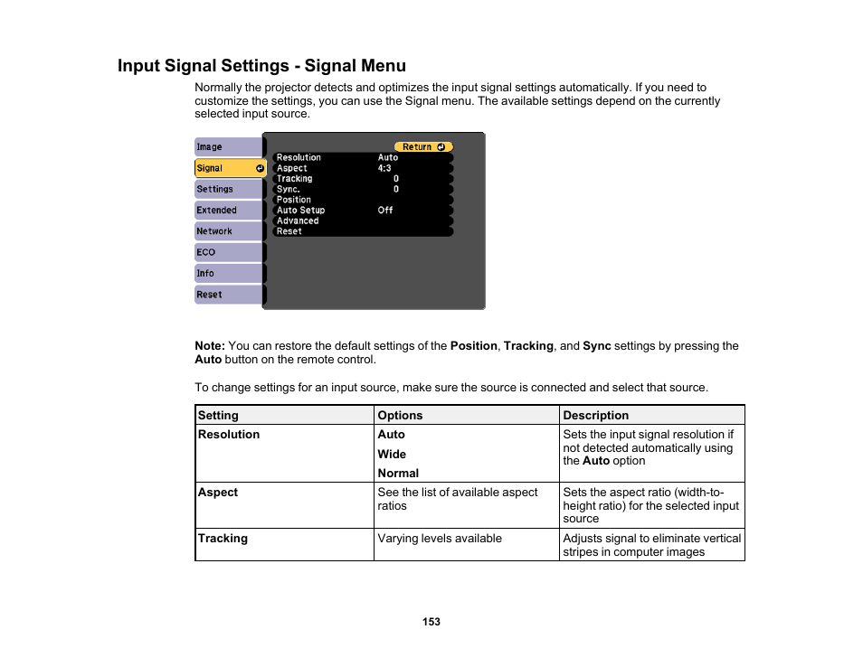 Input signal settings - signal menu | Epson PowerLite 1288 4000-Lumen Full HD 3LCD Projector with Wi-Fi User Manual | Page 153 / 234