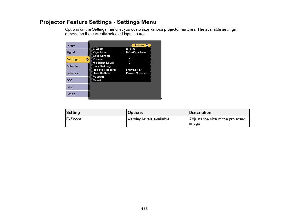 Projector feature settings - settings menu | Epson PowerLite 1288 4000-Lumen Full HD 3LCD Projector with Wi-Fi User Manual | Page 155 / 234