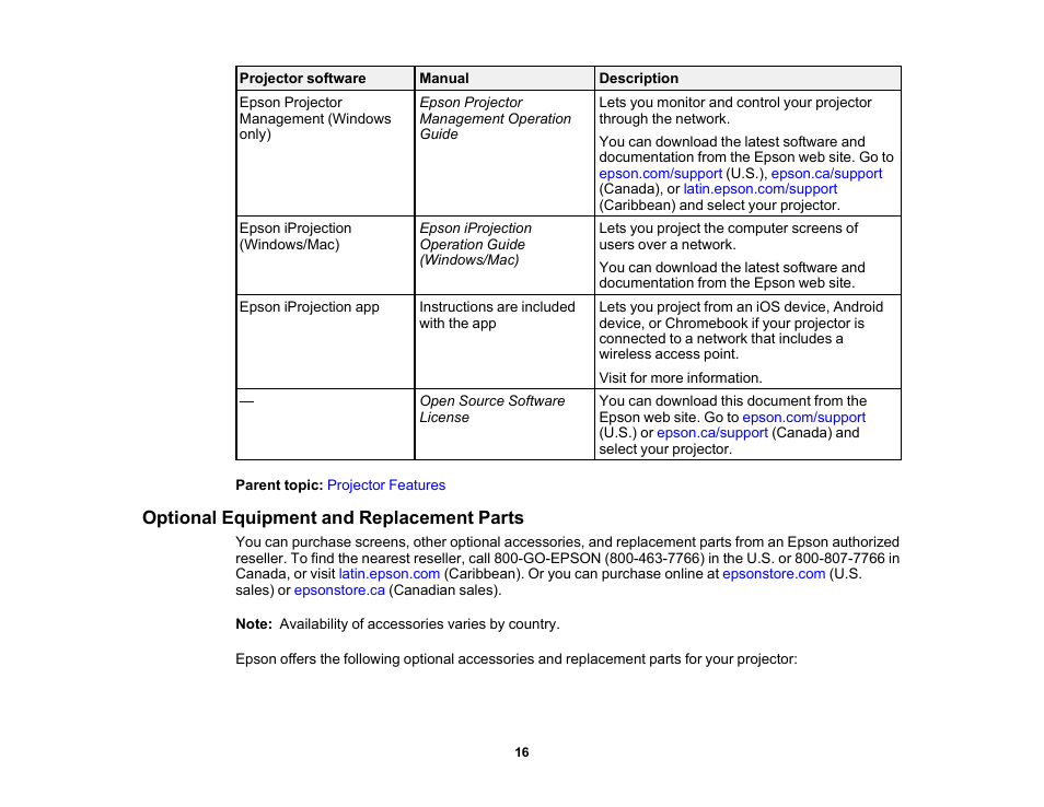 Optional equipment and replacement parts | Epson PowerLite 1288 4000-Lumen Full HD 3LCD Projector with Wi-Fi User Manual | Page 16 / 234