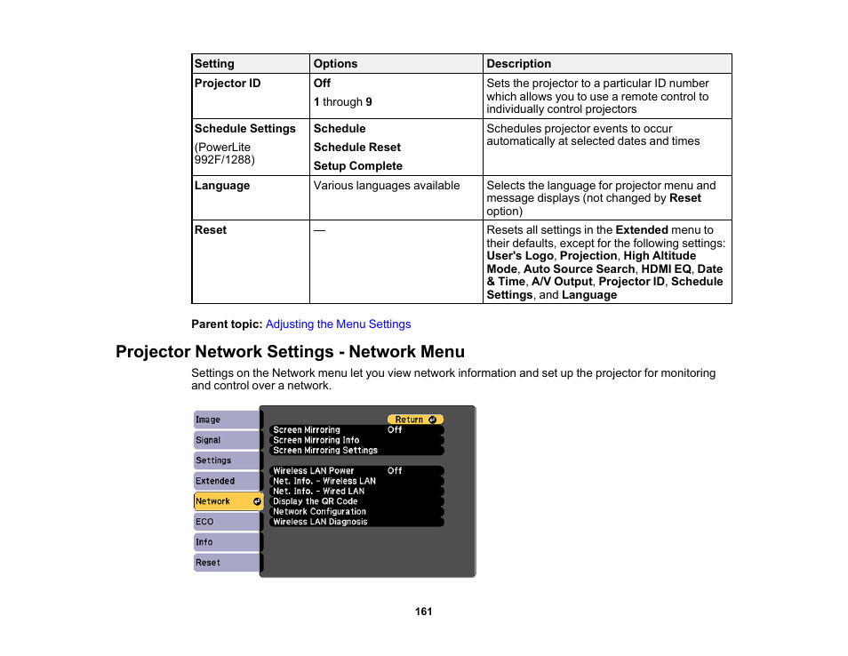 Projector network settings - network menu | Epson PowerLite 1288 4000-Lumen Full HD 3LCD Projector with Wi-Fi User Manual | Page 161 / 234