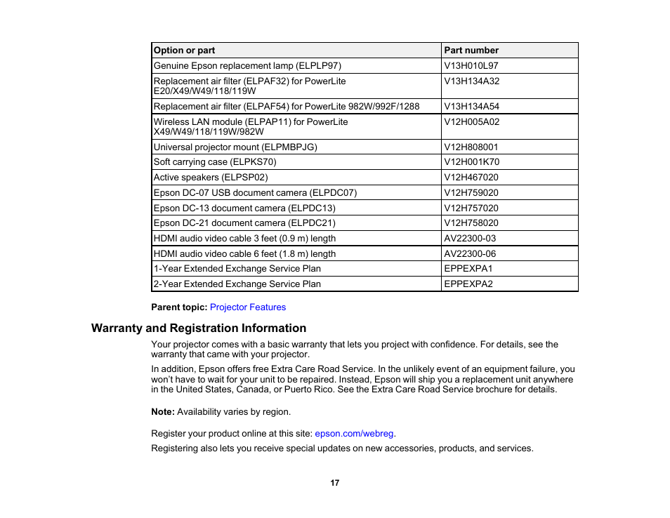 Warranty and registration information | Epson PowerLite 1288 4000-Lumen Full HD 3LCD Projector with Wi-Fi User Manual | Page 17 / 234