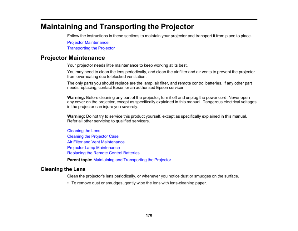 Maintaining and transporting the projector, Projector maintenance, Cleaning the lens | Epson PowerLite 1288 4000-Lumen Full HD 3LCD Projector with Wi-Fi User Manual | Page 170 / 234