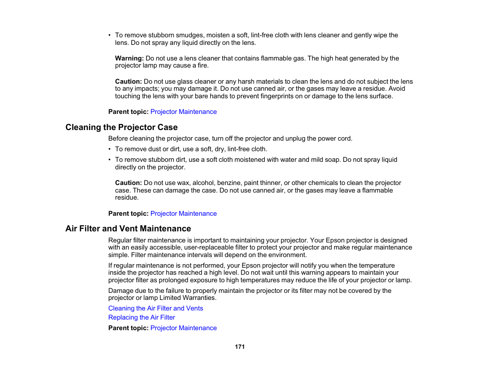 Cleaning the projector case, Air filter and vent maintenance | Epson PowerLite 1288 4000-Lumen Full HD 3LCD Projector with Wi-Fi User Manual | Page 171 / 234