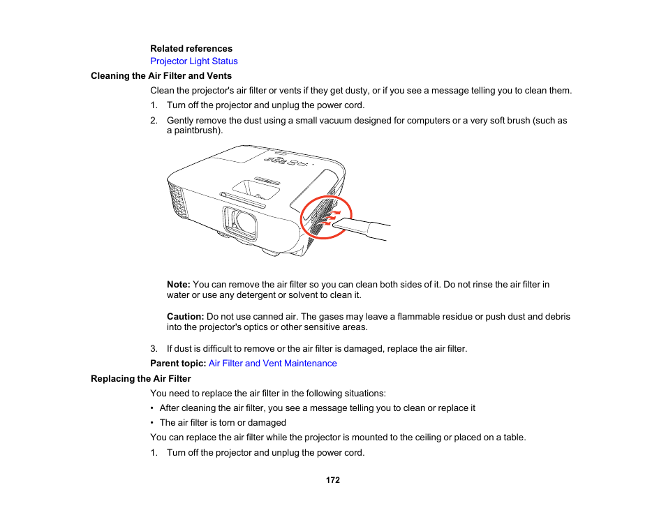 Cleaning the air filter and vents, Replacing the air filter | Epson PowerLite 1288 4000-Lumen Full HD 3LCD Projector with Wi-Fi User Manual | Page 172 / 234