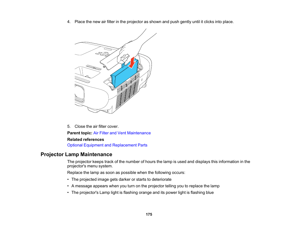 Projector lamp maintenance | Epson PowerLite 1288 4000-Lumen Full HD 3LCD Projector with Wi-Fi User Manual | Page 175 / 234