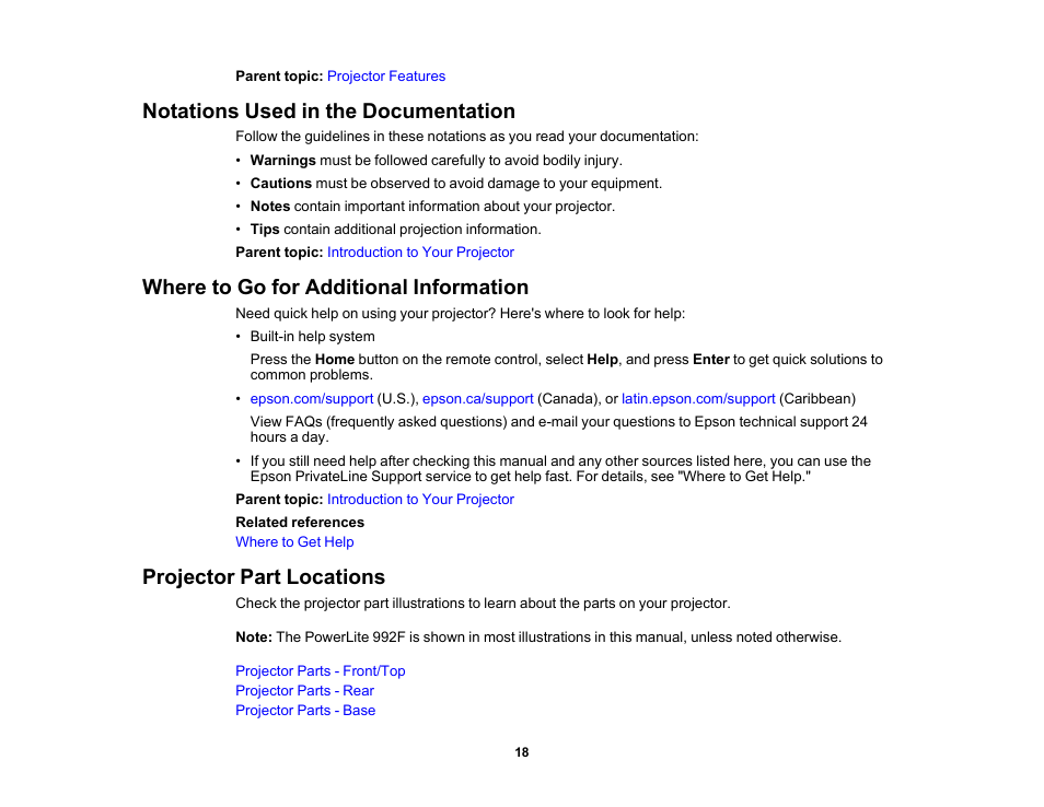 Notations used in the documentation, Where to go for additional information, Projector part locations | Epson PowerLite 1288 4000-Lumen Full HD 3LCD Projector with Wi-Fi User Manual | Page 18 / 234