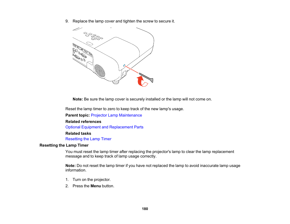 Resetting the lamp timer | Epson PowerLite 1288 4000-Lumen Full HD 3LCD Projector with Wi-Fi User Manual | Page 180 / 234