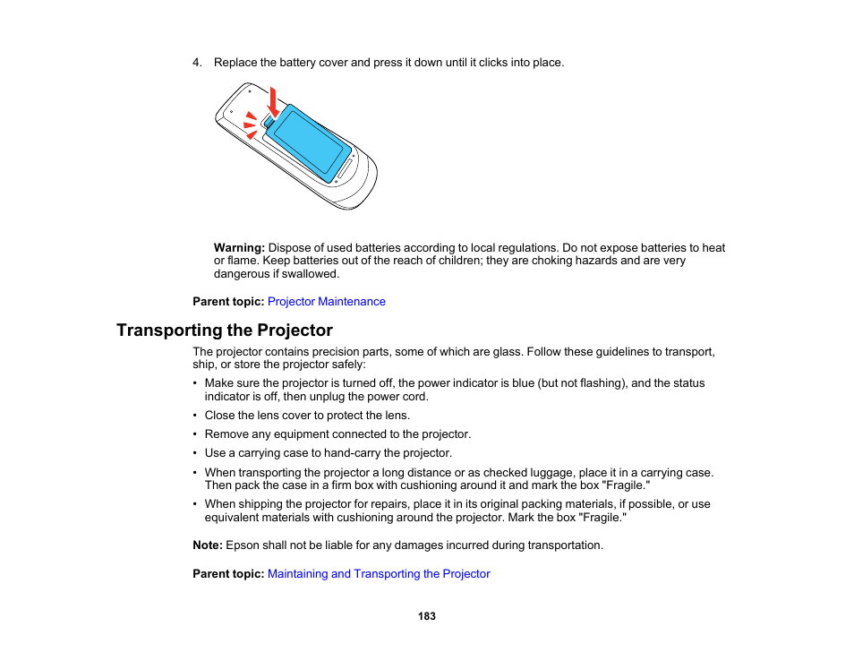 Transporting the projector | Epson PowerLite 1288 4000-Lumen Full HD 3LCD Projector with Wi-Fi User Manual | Page 183 / 234