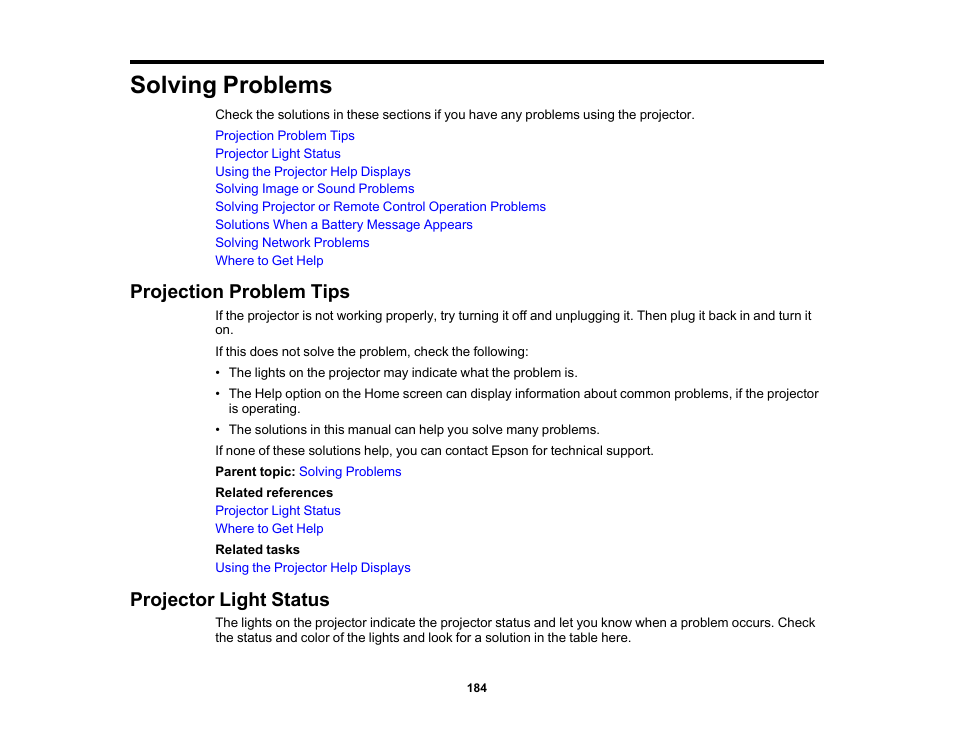 Solving problems, Projection problem tips, Projector light status | Projection problem tips projector light status | Epson PowerLite 1288 4000-Lumen Full HD 3LCD Projector with Wi-Fi User Manual | Page 184 / 234