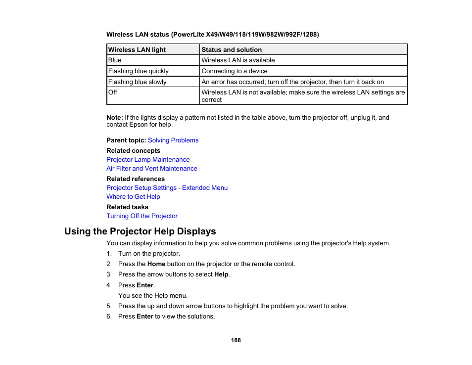 Using the projector help displays | Epson PowerLite 1288 4000-Lumen Full HD 3LCD Projector with Wi-Fi User Manual | Page 188 / 234