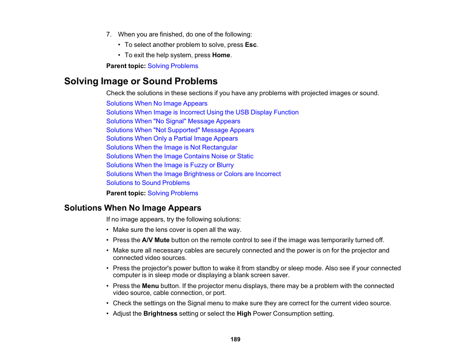 Solving image or sound problems, Solutions when no image appears | Epson PowerLite 1288 4000-Lumen Full HD 3LCD Projector with Wi-Fi User Manual | Page 189 / 234