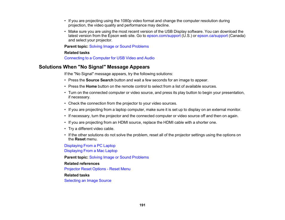 Solutions when "no signal" message appears | Epson PowerLite 1288 4000-Lumen Full HD 3LCD Projector with Wi-Fi User Manual | Page 191 / 234