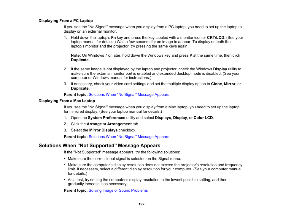 Displaying from a pc laptop, Displaying from a mac laptop, Solutions when "not supported" message appears | Epson PowerLite 1288 4000-Lumen Full HD 3LCD Projector with Wi-Fi User Manual | Page 192 / 234