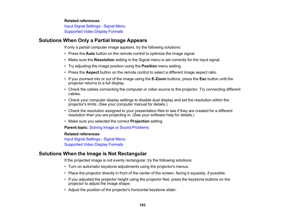 Solutions when only a partial image appears, Solutions when the image is not rectangular | Epson PowerLite 1288 4000-Lumen Full HD 3LCD Projector with Wi-Fi User Manual | Page 193 / 234