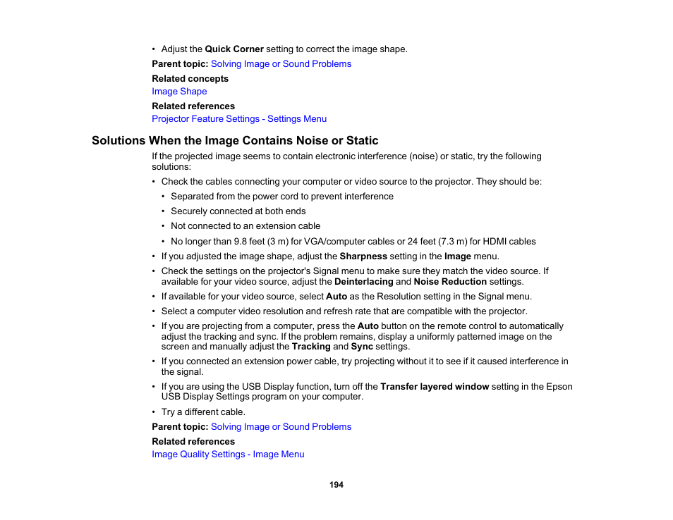 Solutions when the image contains noise or static | Epson PowerLite 1288 4000-Lumen Full HD 3LCD Projector with Wi-Fi User Manual | Page 194 / 234