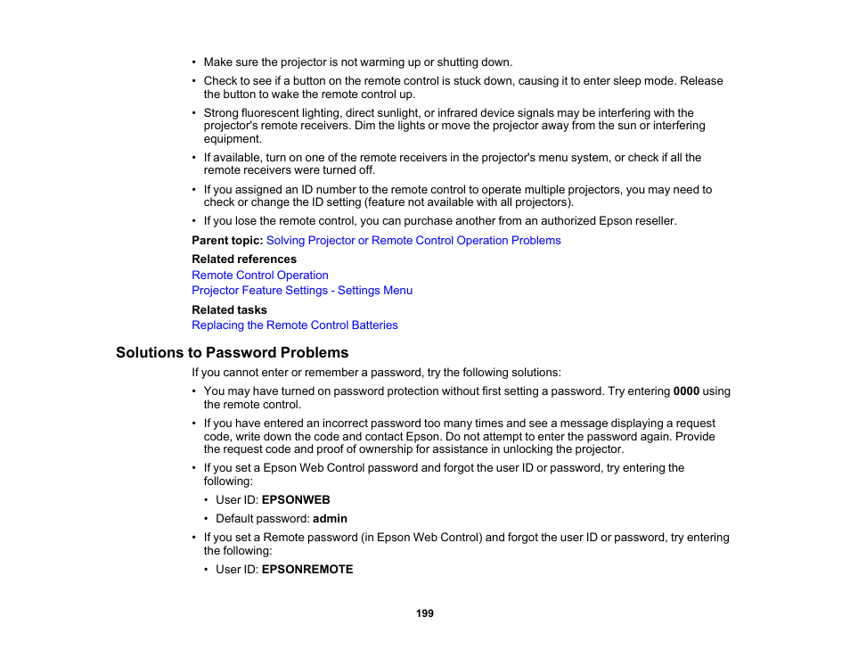 Solutions to password problems | Epson PowerLite 1288 4000-Lumen Full HD 3LCD Projector with Wi-Fi User Manual | Page 199 / 234