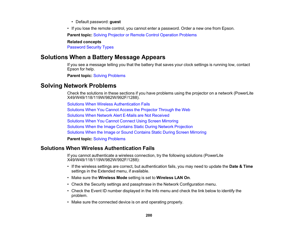 Solutions when a battery message appears, Solving network problems, Solutions when wireless authentication fails | Epson PowerLite 1288 4000-Lumen Full HD 3LCD Projector with Wi-Fi User Manual | Page 200 / 234