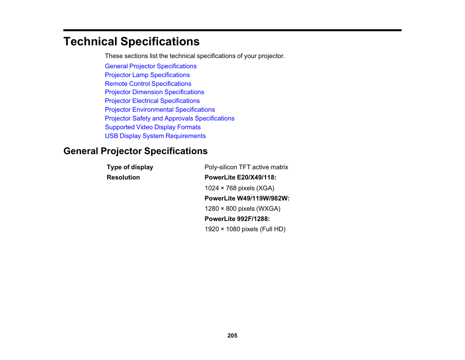 Technical specifications, General projector specifications | Epson PowerLite 1288 4000-Lumen Full HD 3LCD Projector with Wi-Fi User Manual | Page 205 / 234