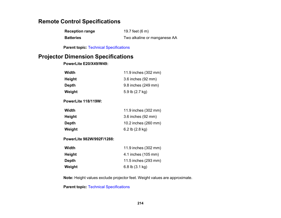 Remote control specifications, Projector dimension specifications | Epson PowerLite 1288 4000-Lumen Full HD 3LCD Projector with Wi-Fi User Manual | Page 214 / 234