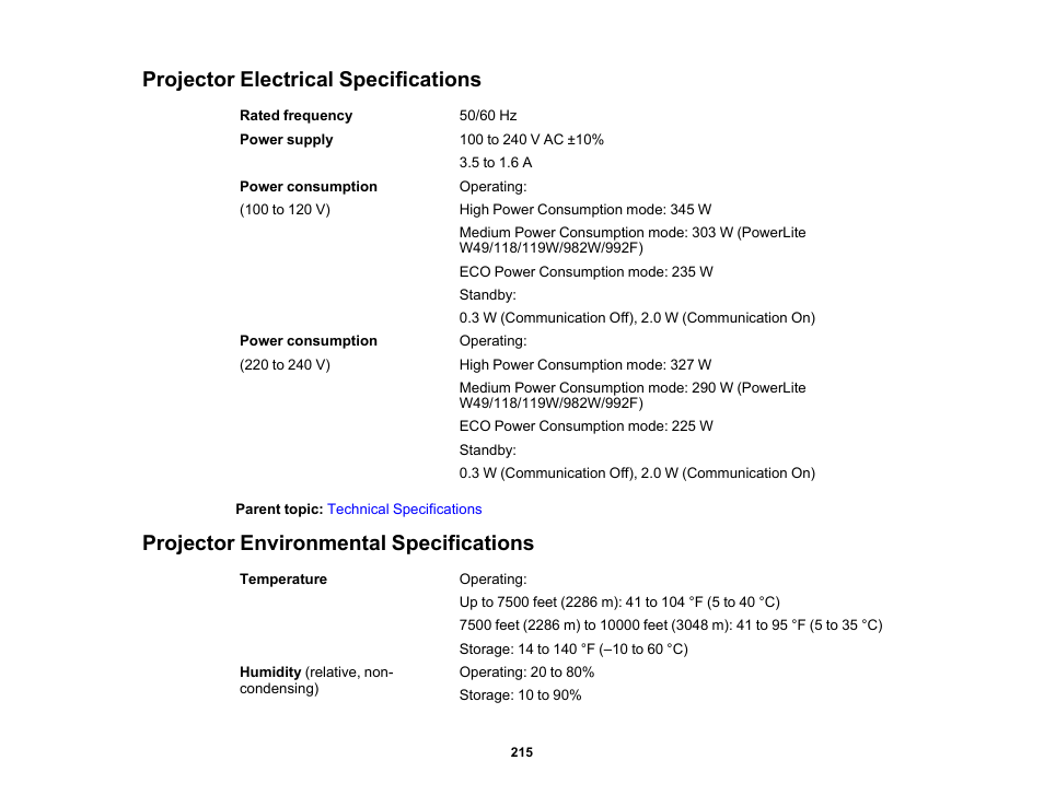 Projector electrical specifications, Projector environmental specifications | Epson PowerLite 1288 4000-Lumen Full HD 3LCD Projector with Wi-Fi User Manual | Page 215 / 234