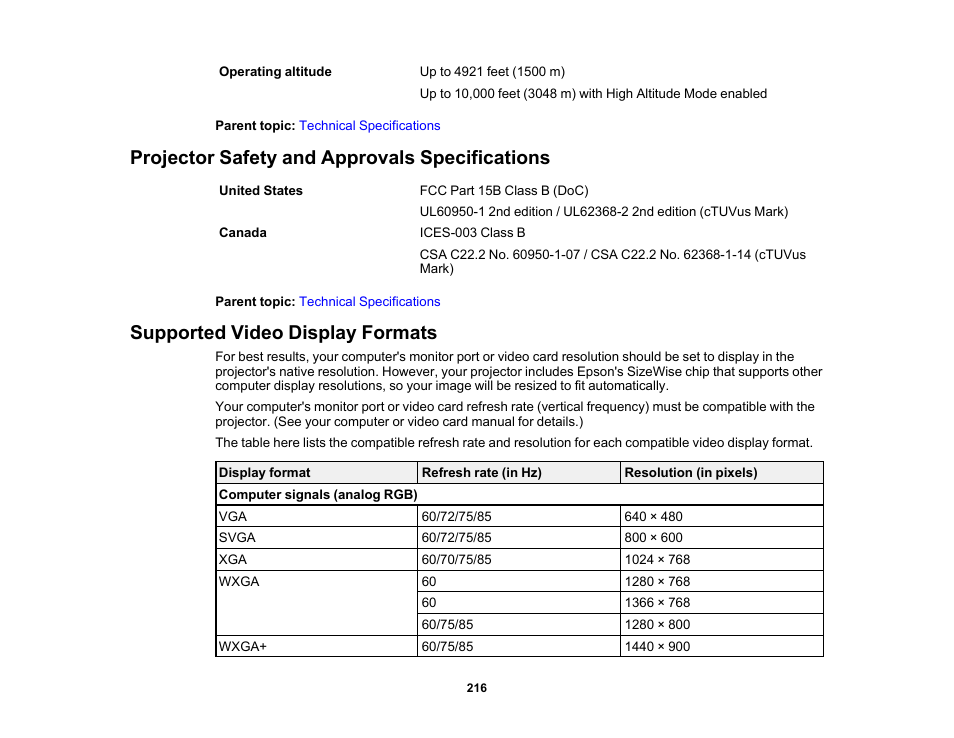 Projector safety and approvals specifications, Supported video display formats | Epson PowerLite 1288 4000-Lumen Full HD 3LCD Projector with Wi-Fi User Manual | Page 216 / 234