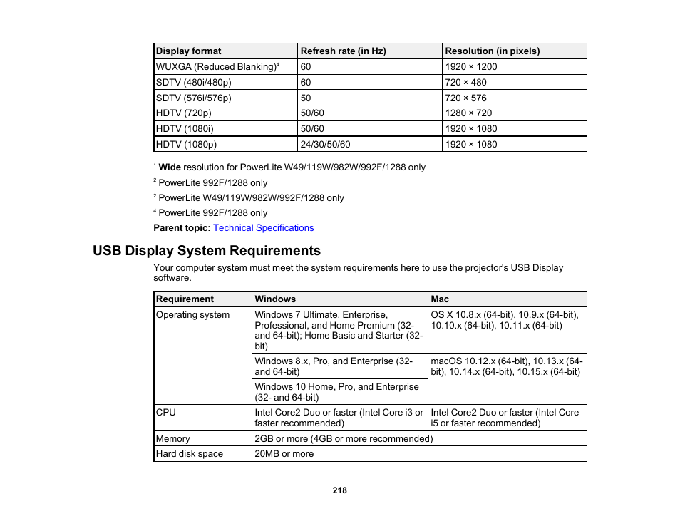 Usb display system requirements | Epson PowerLite 1288 4000-Lumen Full HD 3LCD Projector with Wi-Fi User Manual | Page 218 / 234