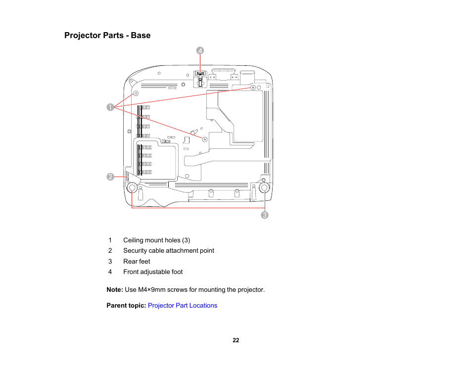 Projector parts - base | Epson PowerLite 1288 4000-Lumen Full HD 3LCD Projector with Wi-Fi User Manual | Page 22 / 234