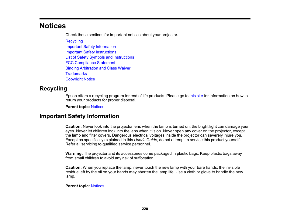 Notices, Recycling, Important safety information | Recycling important safety information | Epson PowerLite 1288 4000-Lumen Full HD 3LCD Projector with Wi-Fi User Manual | Page 220 / 234