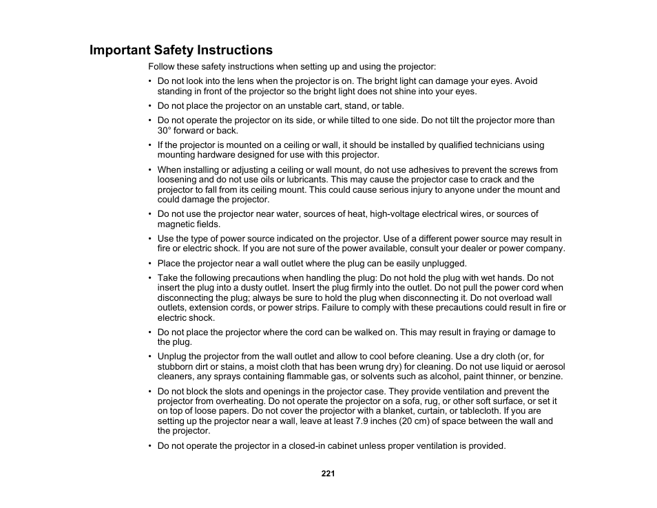 Important safety instructions | Epson PowerLite 1288 4000-Lumen Full HD 3LCD Projector with Wi-Fi User Manual | Page 221 / 234