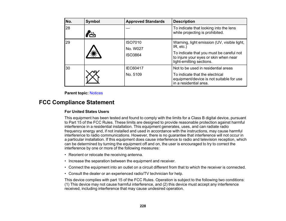 Fcc compliance statement | Epson PowerLite 1288 4000-Lumen Full HD 3LCD Projector with Wi-Fi User Manual | Page 228 / 234